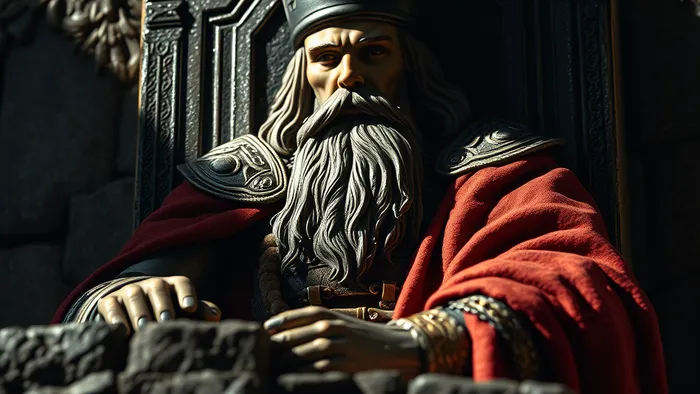 Крупный план карты Таро Император на каменной плите. Видны детали доспехов, бараньи головы на троне и суровое выражение лица. Символизирует власть, порядок и структуру.