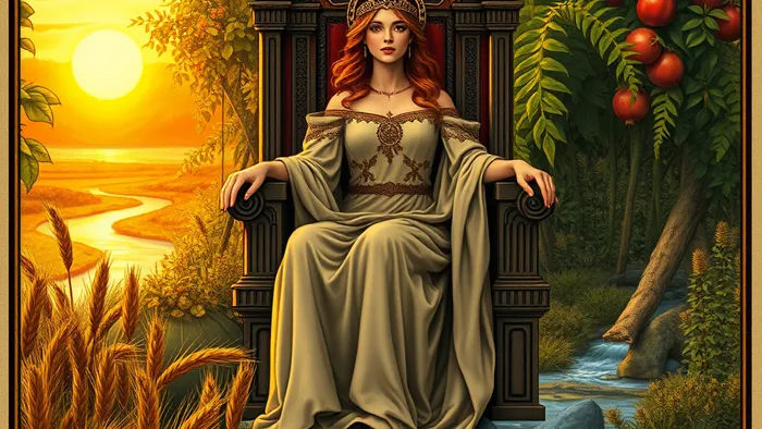 Карта Императрица из колоды Таро в саду, символизирующая плодородие, изобилие и творческую силу.