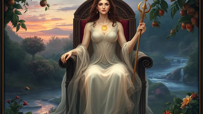 Архетипический образ Императрицы Таро в цветущем волшебном саду на закате, увенчанная звёздами, со скипетром и символом Венеры.