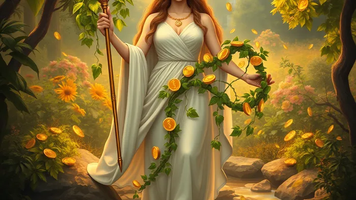 Символическое изображение архетипа Императрицы Таро, сливающееся с элементами финансового изобилия: золотые листья-монеты, река из жидкого золота, плодородный сад.