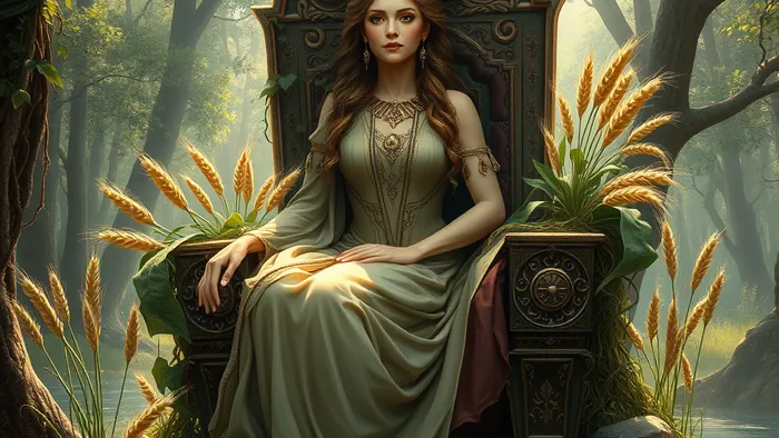 Детализированное изображение Императрицы Таро, сливающейся с природой: трон в поле, корона из звёзд, река и лес на фоне.