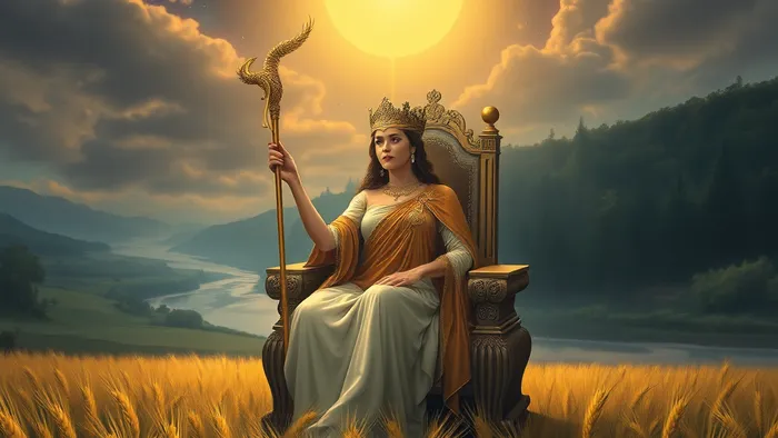 Карта Таро Императрица: женщина в роскошном платье на троне среди поля пшеницы, символ плодородия и творческой силы.