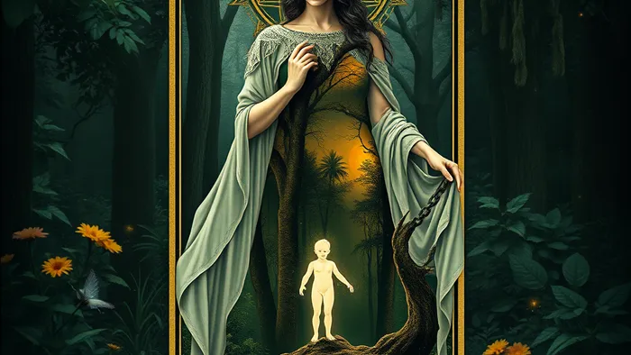 Символическое изображение архетипа Императрицы из Таро, сливающееся с внутренним психологическим ландшафтом человека, отражающее концепции юнгианской психологии и работы с тенью.