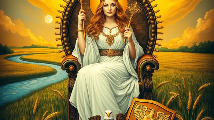 Детализированное изображение аркана Императрица из Таро: женщина в венце из звёзд в пшеничном поле со скипетром и щитом.