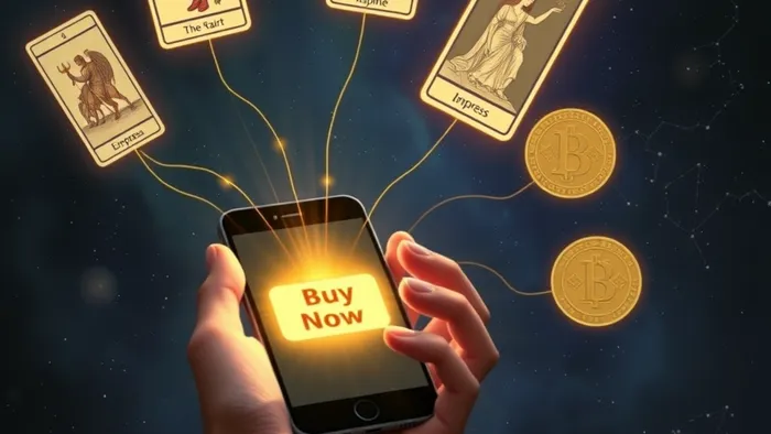 Символическое изображение борьбы с импульсивными покупками: рука над кнопкой оплаты на телефоне, к которому нитями привязаны карты Таро (Дьявол, Колесница, Императрица) на фоне космоса с монетами.