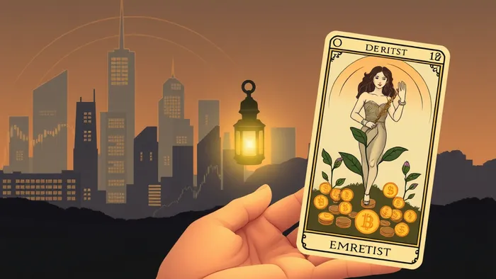 Символическое изображение пассивных инвестиций в недвижимость и карт Таро Отшельник и Императрица на фоне городского силуэта.