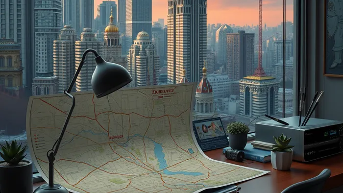 Расклад карт Таро Императрица, Пентакли и Колесо Фортуны рядом с ключами от квартиры и финансовыми графиками на фоне города