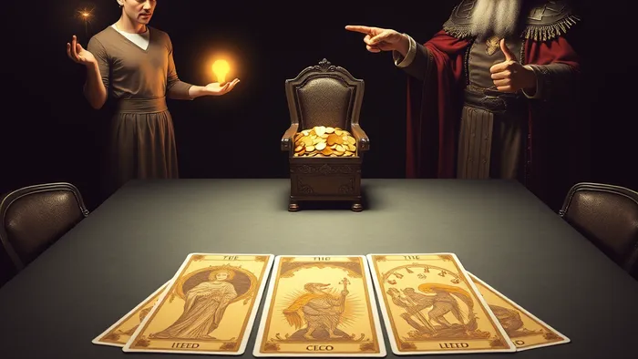 Символическое изображение дилеммы основателя: Маг с идеей в руках и Император с сундуком золота указывают на пустое кресло CEO, между ними — расклад карт Таро.