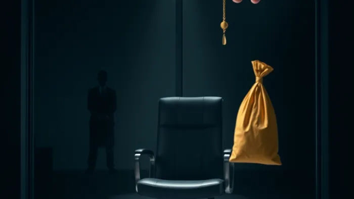 Символичное изображение дилеммы: пустое кресло руководителя, мешок с золотом и отражение с тёмной фигурой. Карты Таро Император и Суд на столе.