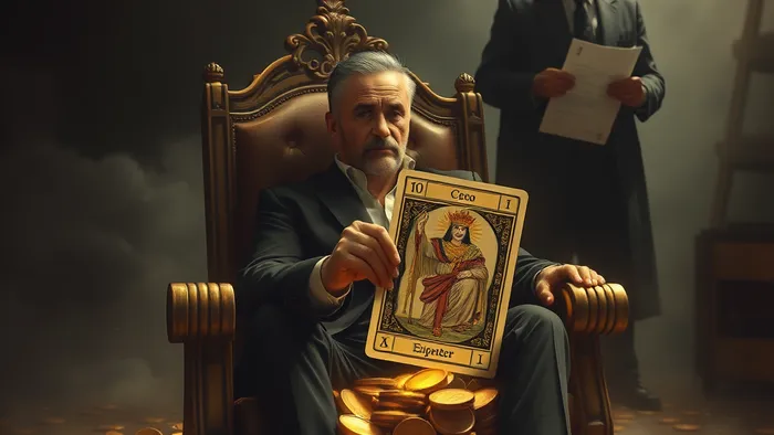 Символическое изображение дилеммы основателя: кресло CEO превращается в золотые монеты, в руке трескается карта Таро 'Император'.