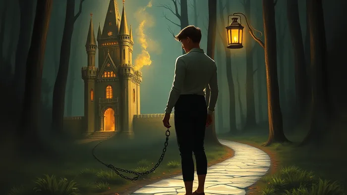 Символическое изображение выбора между удержанием квартиры-крепости, тянущей ко дну, и освобождением с фонарём в тёмном лесу. Стилизованные элементы карт Таро Колесница и Отшельник.