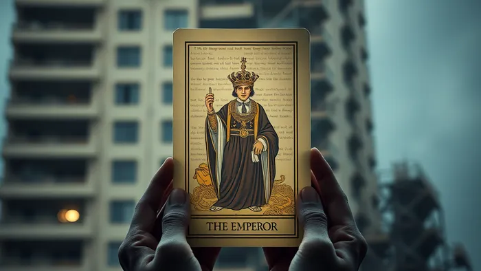 Символическое изображение: карта Таро 'Император' на фоне новостройки, олицетворяющая анализ ипотечного решения через арканы.