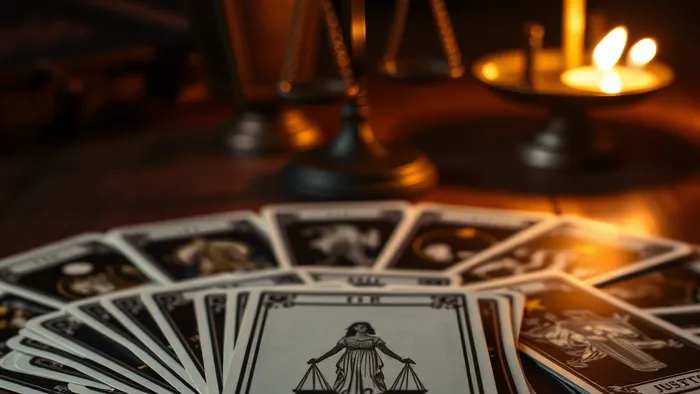 Расклад карт Таро на столе с выделенной картой Правосудие на фоне символических весов Фемиды
