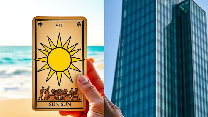 Символическое изображение дилеммы выбора в Испании: карта Таро Солнце на фоне пляжа и карта Таро Башня на фоне бизнес-центра.