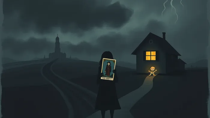 Символическое изображение человека на перепутье: путь к суду в тумане и конфликтах или путь к дому и свету. В руке карта Таро Отшельник.