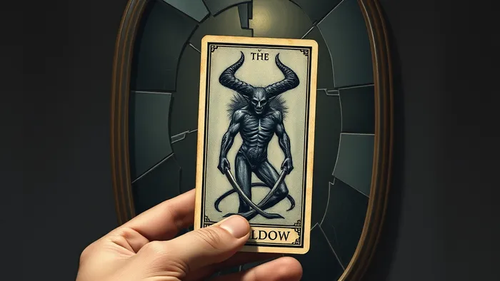 Символическое изображение руки, держащей карту Таро 'Дьявол' перед треснувшим зеркалом с искажённым отражением. Концепция работы с Тенью в юнгианской психологии.
