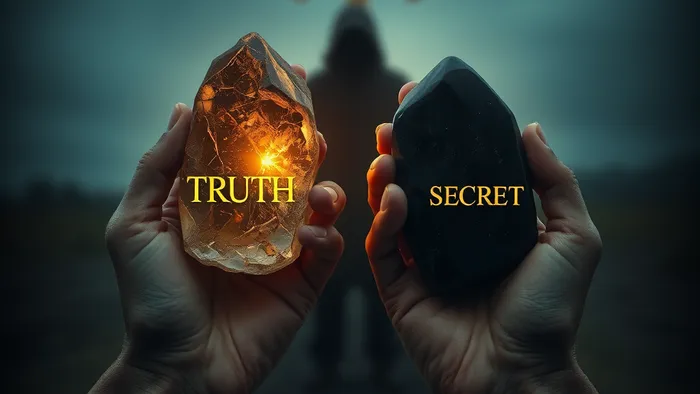 Символическая иллюстрация в стиле карты Таро: две руки держат камень-правду и камень-тайну, фигура на распутье.