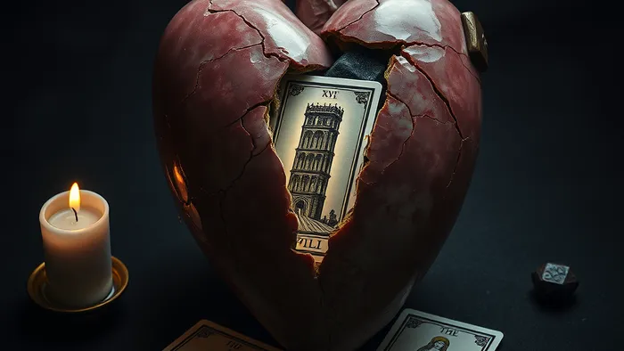 Символическое изображение сердца из треснувшего мрамора с картой Таро Башня в трещине. Вокруг разбросаны карты Тройка Мечей, Звезда и Справедливость. Концепция боли, разрушения и надежды после измены.