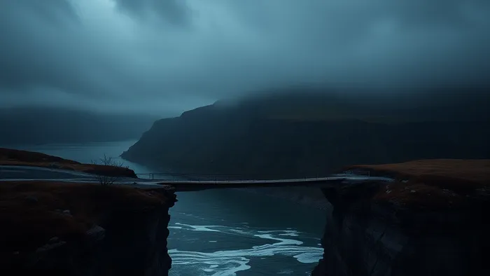 Символическое изображение кризиса в отношениях: разлом между двумя берегами и хрупкий мост как метафора выбора — восстанавливать связь или остаться в одиночестве.