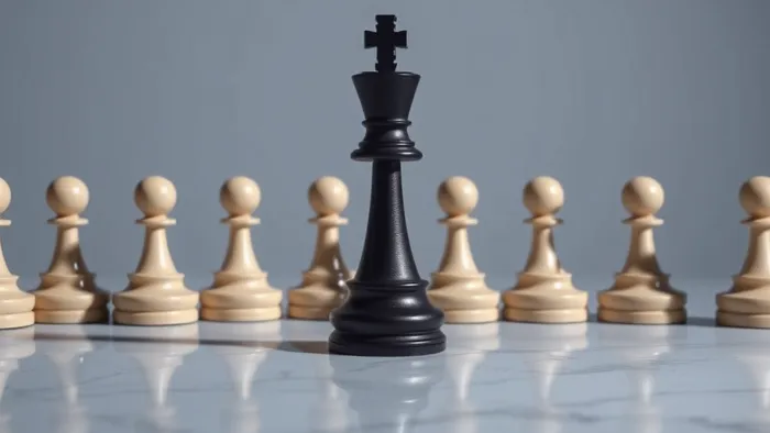 Символичное изображение изоляции на работе: одна тёмная шахматная фигура отдельно от группы светлых фигур на доске.