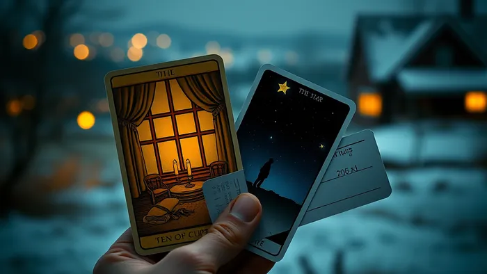 Символичное изображение дилеммы: в руке две карты Таро — «Десятка Кубков» (семейное счастье) и «Звезда» (надежда в одиночестве), между ними лежит авиабилет. Тема выбора между семьей и собой.