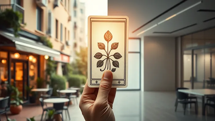 Концептуальное изображение, разделенное пополам: слева — уютное кафе в спальном районе (архетип Императрицы), справа — пустое современное офисное помещение (архетип Императора). В центре — карта Таро «Двойка Пентаклей», символизирующая выбор и баланс.