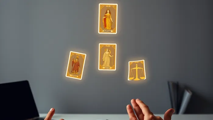 Символическая иллюстрация: рука выпускает светящиеся карты Таро (Император, Императрица, Справедливость), а другие руки снизу готовятся их принять. Сцена на фоне современного рабочего стола.