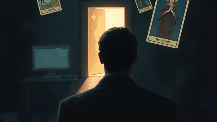 Символическое изображение человека на перепутье карьеры: тайный поиск работы, освещённый символами карт Таро (Колесница, Маг, Верховная Жрица).