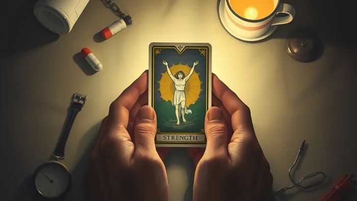 Символическое изображение: уставшие руки бережно держат карту Таро Сила, которая светится мягким светом среди предметов ухода за больным.