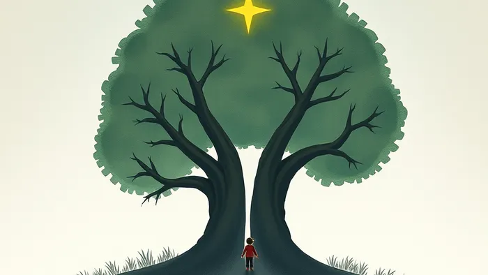 Символическое изображение дерева с двумя стволами, защищающего ребёнка под звёздным небом. Метафора семьи после развода: общие корни, разные пути, безопасность и надежда.