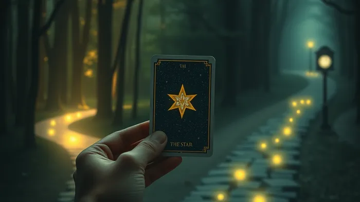 Символическое изображение двух путей: внутреннего, освещённого звёздным светом, и социального, уставленного масками. Рука с картой Таро Звезда на перекрёстке.