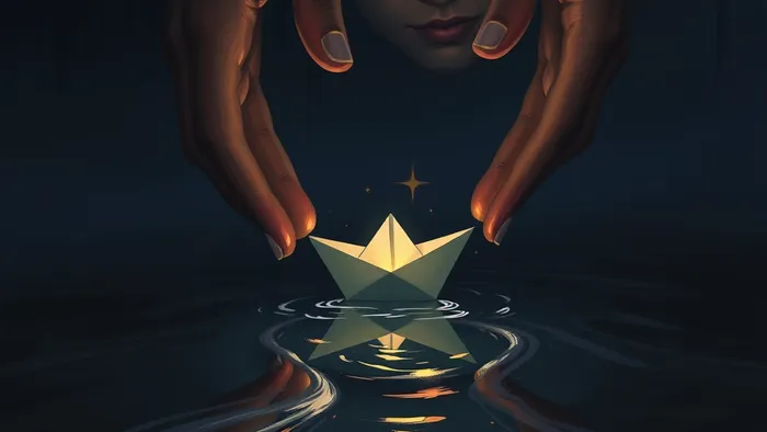 Символическое изображение отпускания: руки взрослого выпускают бумажный кораблик в реку. Метафора отпускания взрослого ребенка в его собственный жизненный путь.