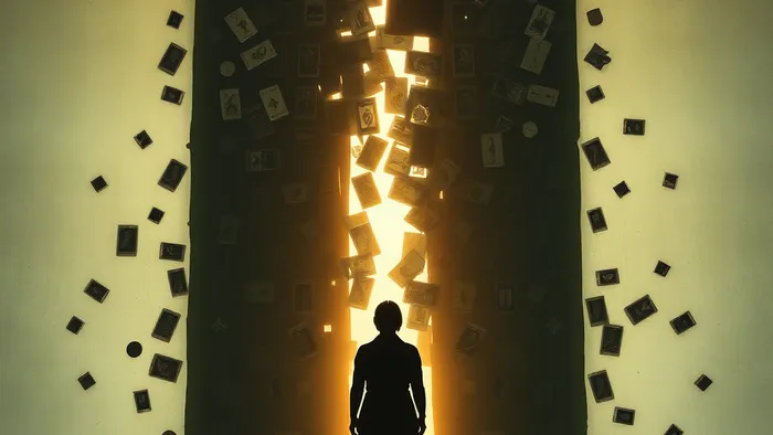 Символическое изображение: силуэт человека перед стеной из карт Таро, через которую пробивается свет. Преодоление страха и внутренние барьеры.