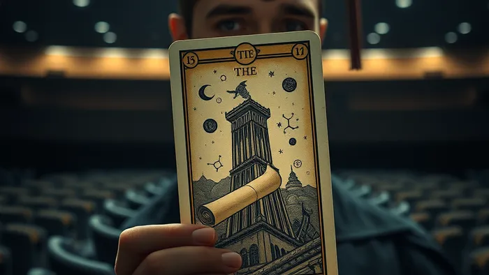 Студент в пустой аудитории рассматривает светящуюся карту Таро, на которой среди древних символов видны очертания дипломного проекта.