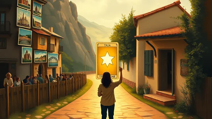 Символическое изображение выбора пути: туристическая тропа и личная дорога к дому в итальянском пейзаже. В руке у человека карта Таро Звезда.