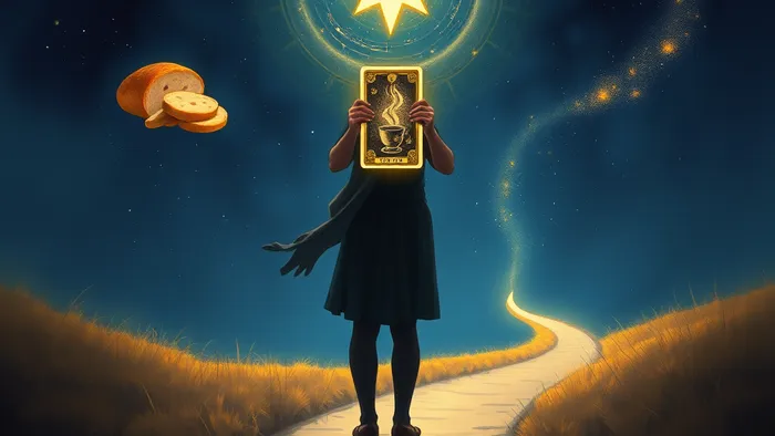 Символическое изображение человека на перепутье с картой Таро Звезда в руках, олицетворяющее поиск пути и надежды в первый год жизни в новой стране.