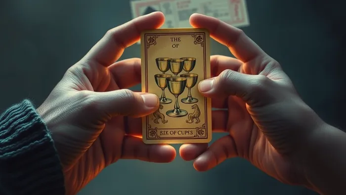 Символическое изображение связи поколений: руки родителя и ребёнка держат карту Таро Шестёрка Кубков, на заднем плане — билет на самолёт.