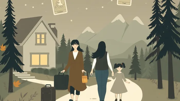 Символическая иллюстрация: семья идет по дороге, ведущей из старого города в канадский лес. Их чемоданы похожи на домики, дети несут фонарики, а в небе парят полупрозрачные образы карт Таро: Императрица, Колесница и Шут.