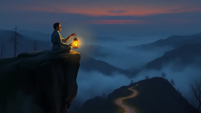 Символическое изображение одинокой фигуры с фонарём на горном уступе в стиле карт Таро, олицетворяющее уединение как путь к внутреннему свету.