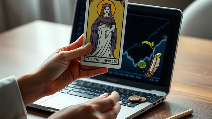 Символическое изображение карты Таро Императрица, совмещенное с графиком роста на экране ноутбука, как метафора роста дохода через внутренние ресурсы.