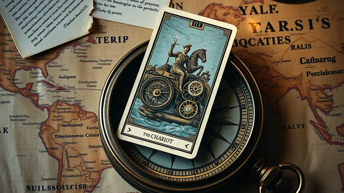 Символическое изображение темы зарубежного наследства: компас на карте мира, документы с печатями разных стран и карта Таро Колесница, символизирующая преодоление препятствий.