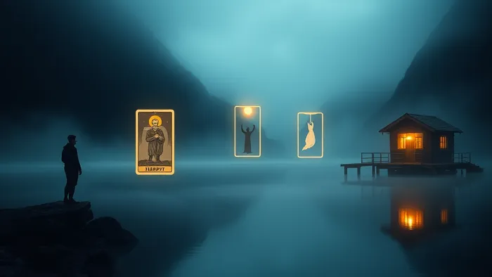 Символическое изображение человека у фьорда, три моста из карт Таро ведут к светящемуся норвежскому дому. Преодоление барьера.