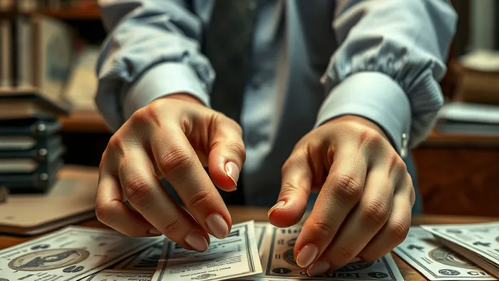 Руки в деловом костюме раскладывают карты Таро на столе, где смешаны символы современной офисной работы и древних профессий