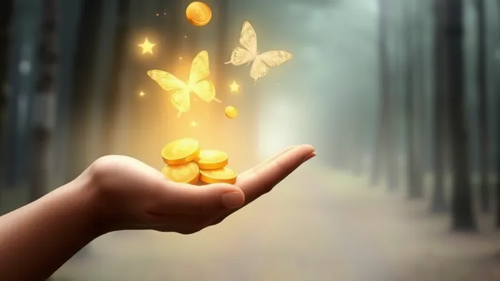 Символическое изображение трансформации: монеты превращаются в светящихся бабочек, символизируя отпускание утраты и надежду. На фоне угадывается карта Таро 'Звезда'.