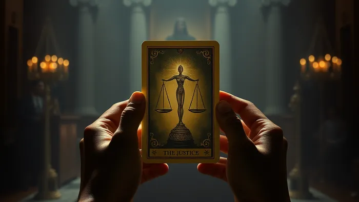 Символичное изображение: руки человека держат карту Таро Правосудие, которая светится в полумраке, на фоне угадываются контуры зала суда.