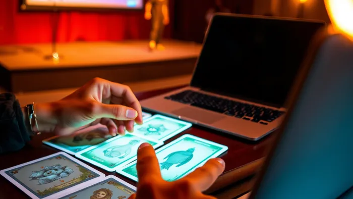 Расклад карт Таро на столе перед ноутбуком с презентацией, символизирующий анализ предстоящего выступления