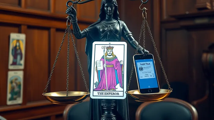 Символическое изображение весов Правосудия из карт Таро, на которых лежат аркан Император и смартфон с уведомлением о штрафе, на фоне суда и таинственных символов Таро.