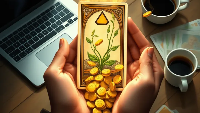 Символическое изображение: из карты Таро (Пентакли) на стол струятся золотые монеты и ростки, рядом ноутбук — символы создания дохода и роста.