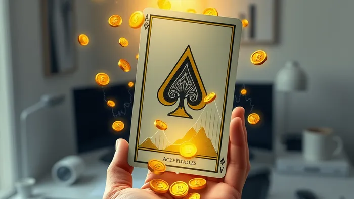 Символическое изображение: рука держит светящийся аркан Туз Пентаклей, от которого исходят золотые монеты и графики роста, символизирующие связь Таро и финансовых возможностей.