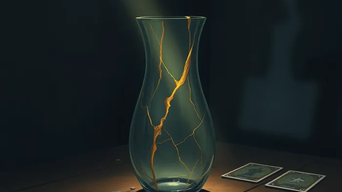 Символическое изображение восстановления доверия: ваза, склеенная золотом (техника кинцуги), освещённая лунным светом, на фоне призрачных очертаний карт Таро Отшельник, Башня и Звезда.